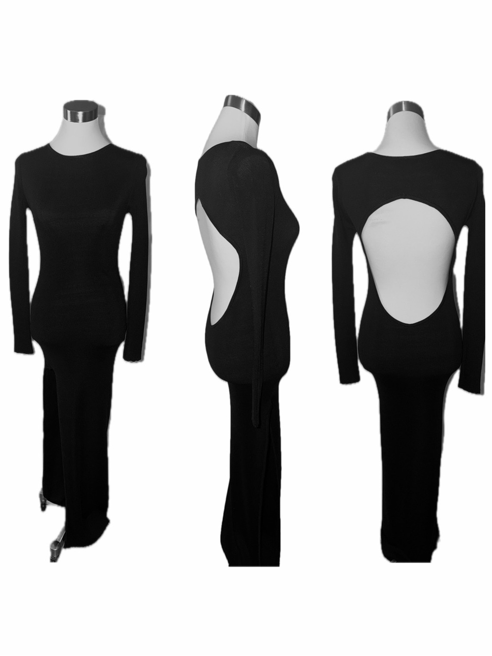 LOBO ROSA Black Low Exposed Open Back Long Sleeve Dress High Thigh Side Slit
